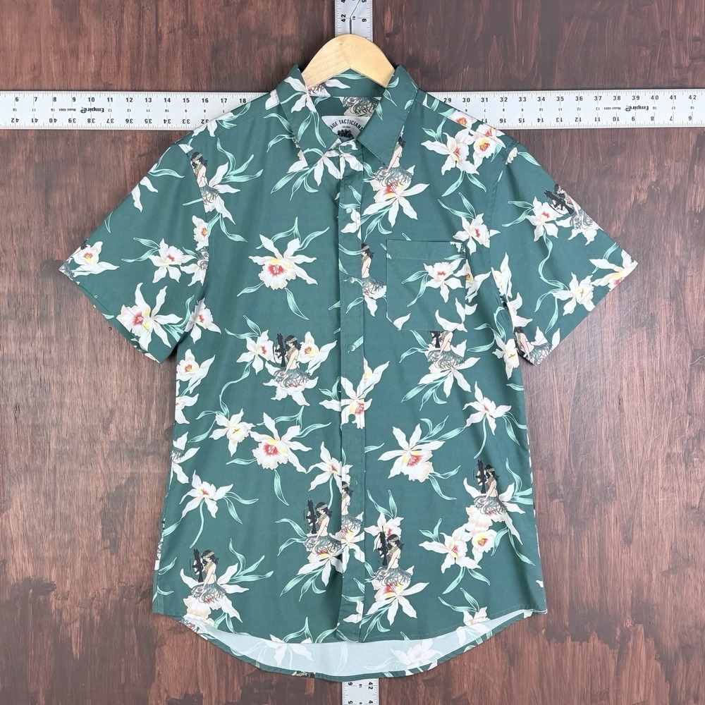 Savage Tacticians Hula‎ Girl Hawaiian Shirt Button Up Green Military Men Medium